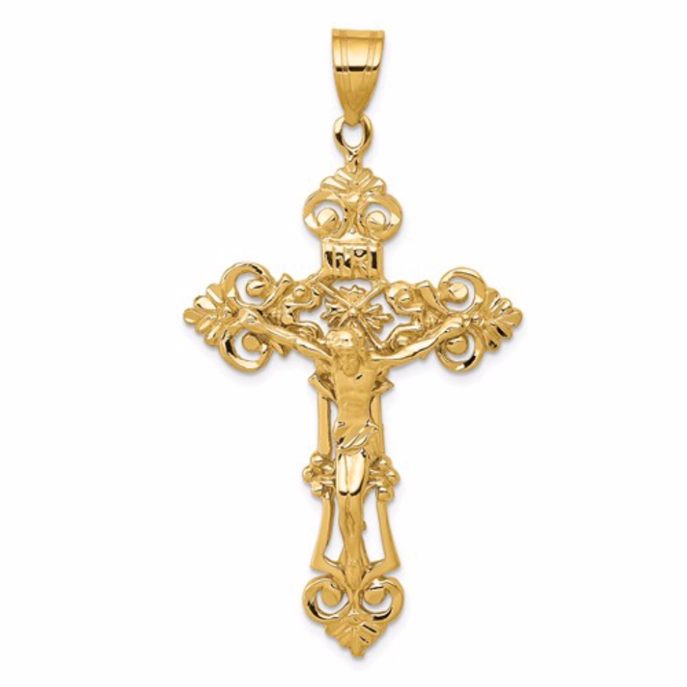 14k INRI Fleur De Lis Crucifix Pendant - Picture 1 of 3